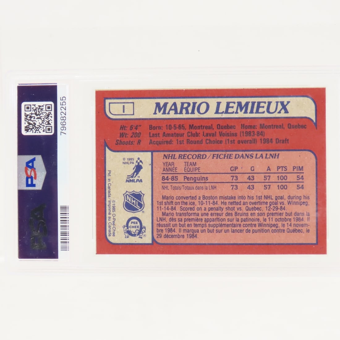 1985 OPC Box Bottoms RC Mario Lemieux #I PSA 5 EX - 2