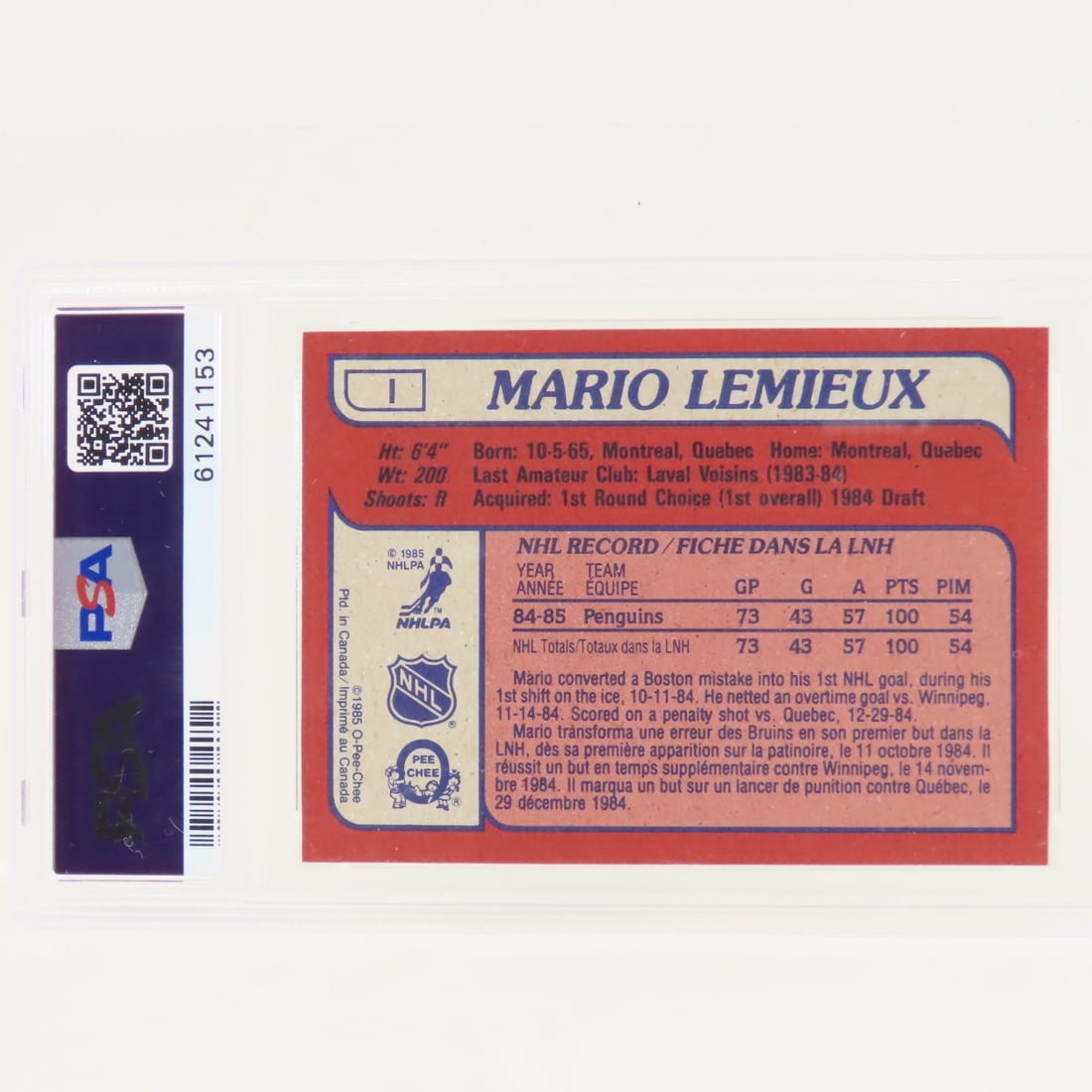 1985 OPC Box Bottoms RC Mario Lemieux #I PSA 4 VG - 2