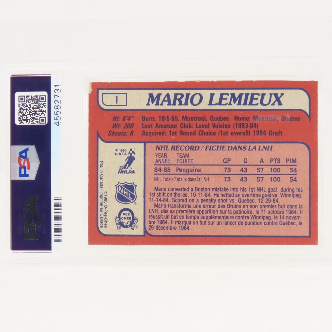 1985 OPC Box Bottoms RC Mario Lemieux #I PSA 4 VG - 2