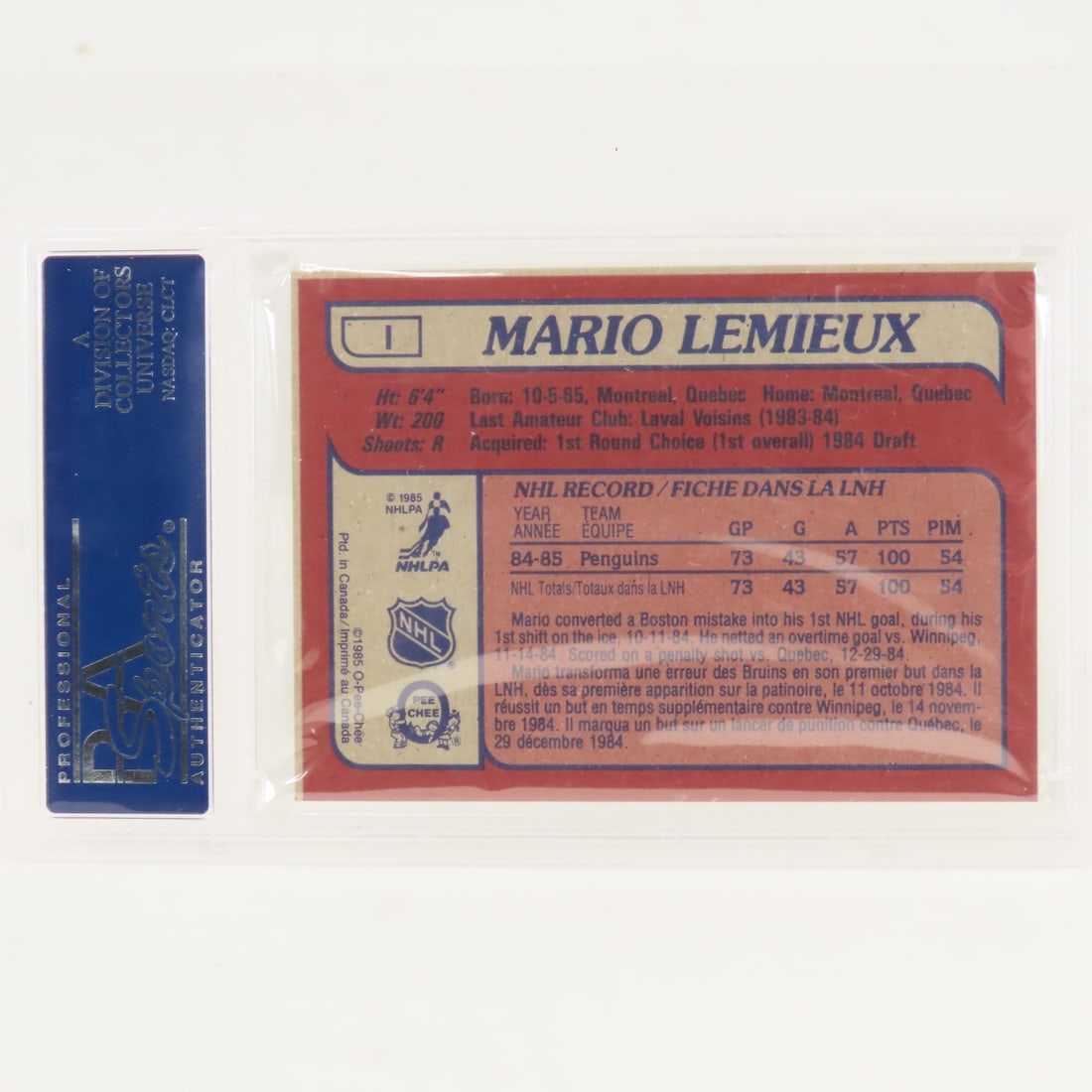 1985 OPC Box Bottoms RC Mario Lemieux #I PSA 4 VG - 2
