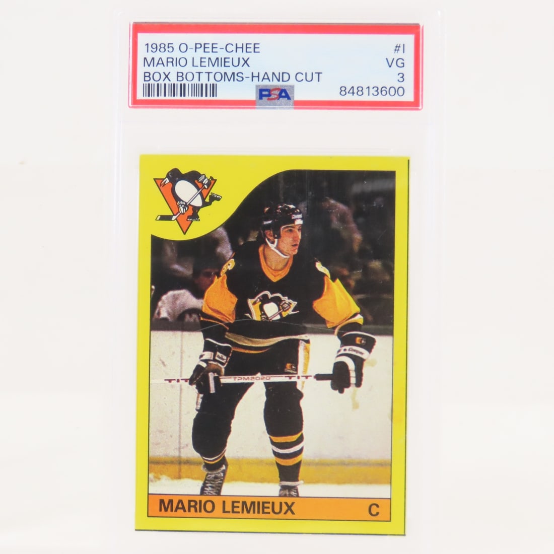 1985 OPC Box Bottoms RC Mario Lemieux #I PSA 3 VG: 1985 OPC Box Bottoms RC Mario Lemieux #I PSA 3 VG - Lot Size 5.5x3.5x1" 1 LB All information and photos, which are part of the description, are intended to be as accurate as possible, but errors are