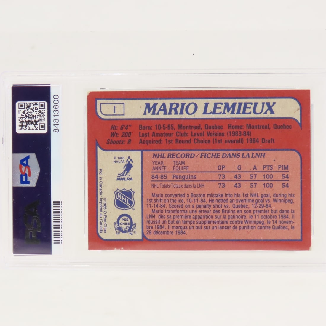 1985 OPC Box Bottoms RC Mario Lemieux #I PSA 3 VG - 2