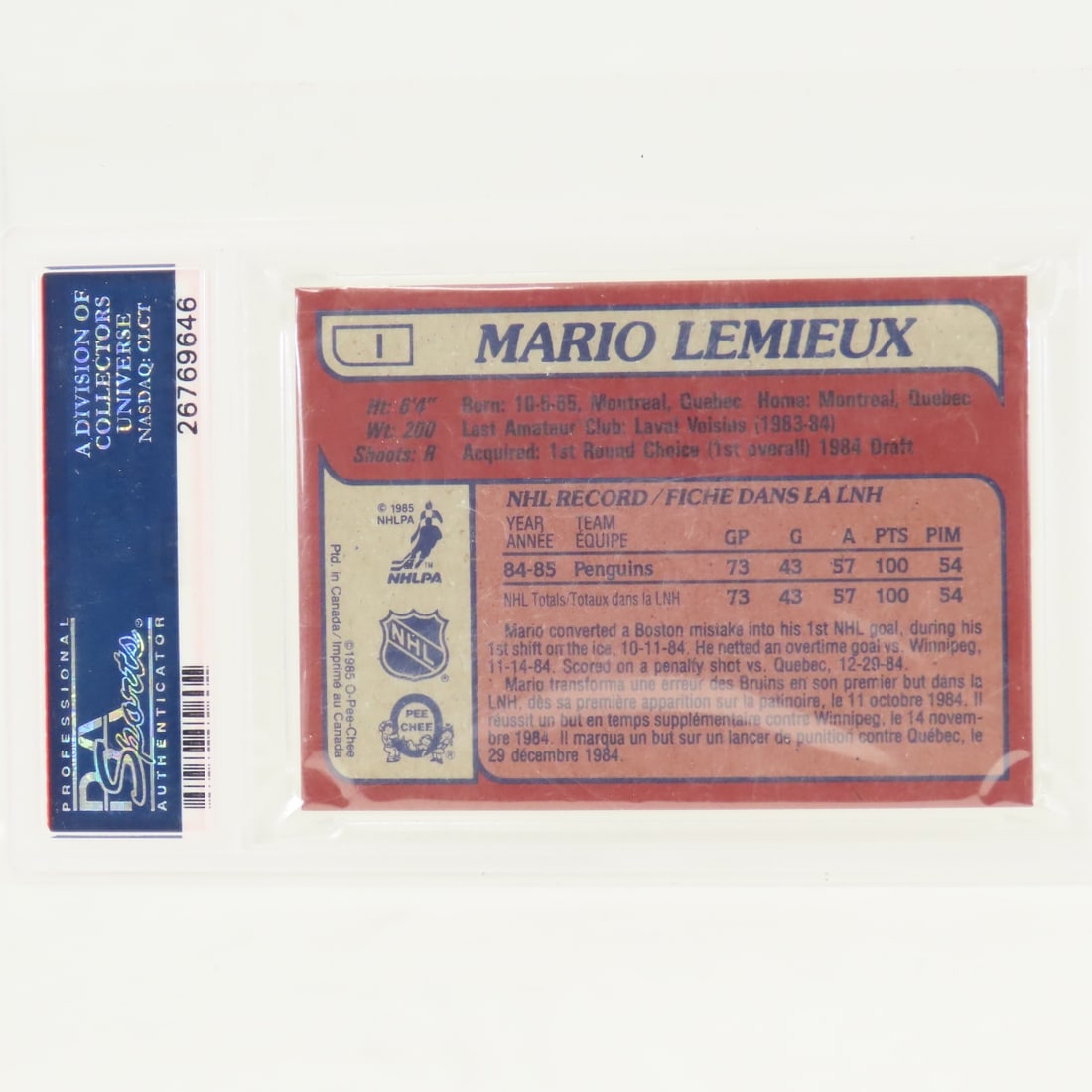 1985 OPC Box Bottoms RC Mario Lemieux #I PSA - 2