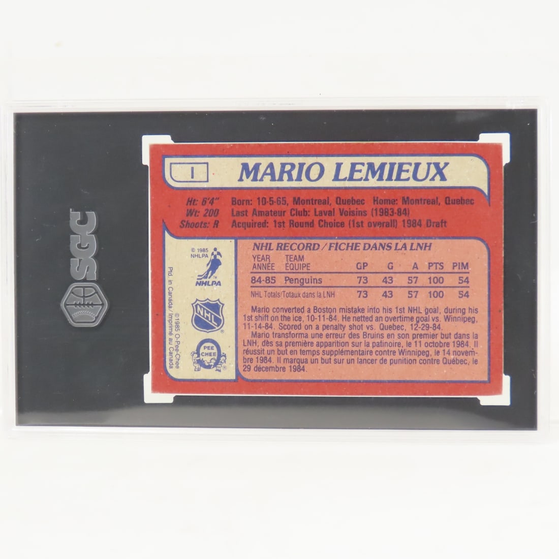 1985 OPC Box Bottoms RC Mario Lemieux #I SGC 3 VG - 2