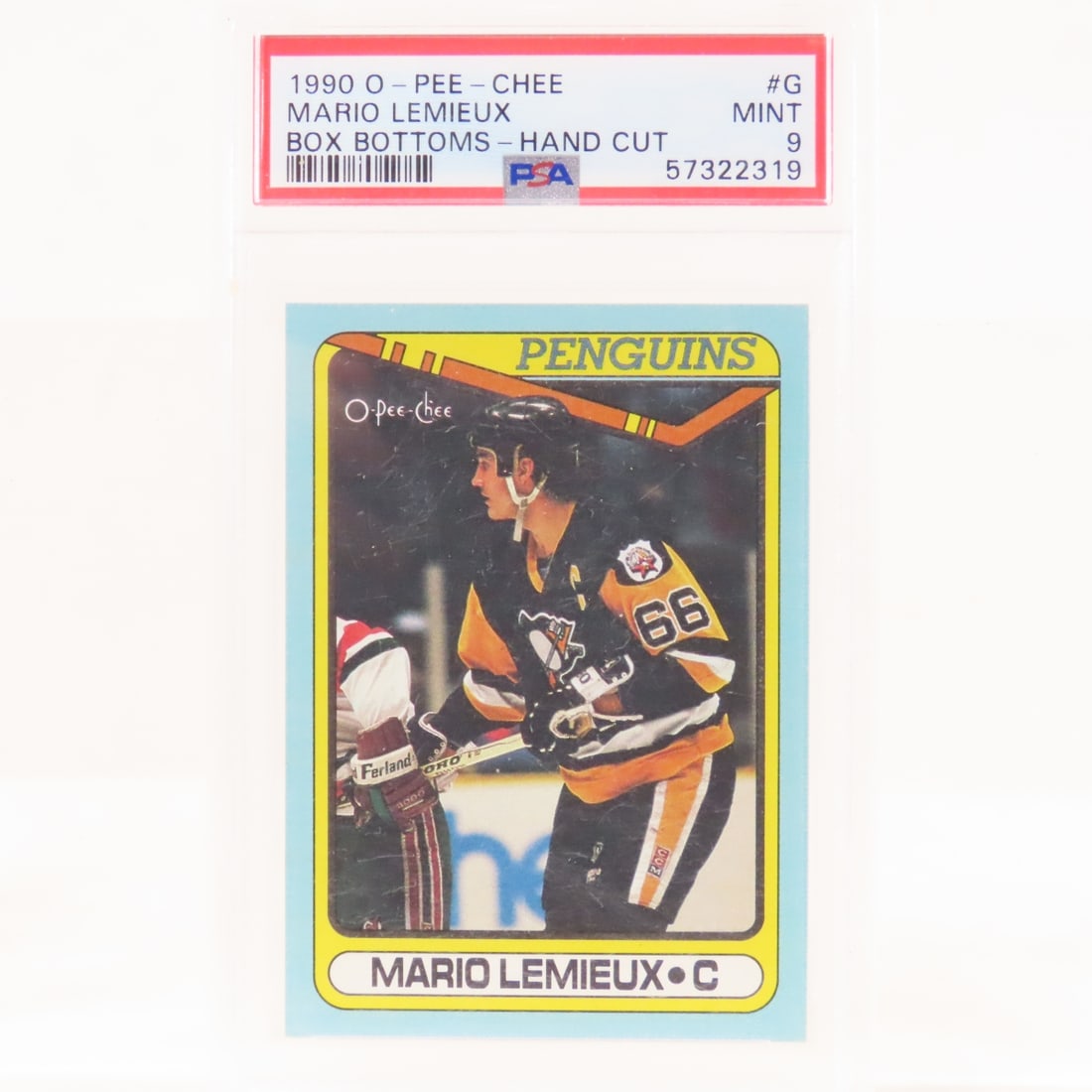 1990 OPC Box Bottoms Mario Lemieux #G PSA 9 MINT: 1990 OPC Box Bottoms Mario Lemieux #G PSA 9 MINT - Lot Size 5.5x3.5x1" 1 LB All information and photos, which are part of the description, are intended to be as accurate as possible, but errors are