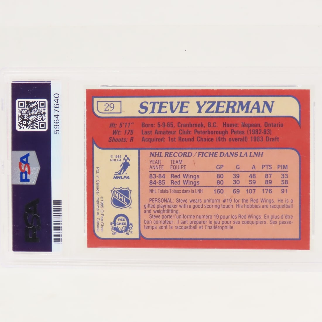 1985 OPC Steve Yzerman #29 PSA 6 EX-MT - 2