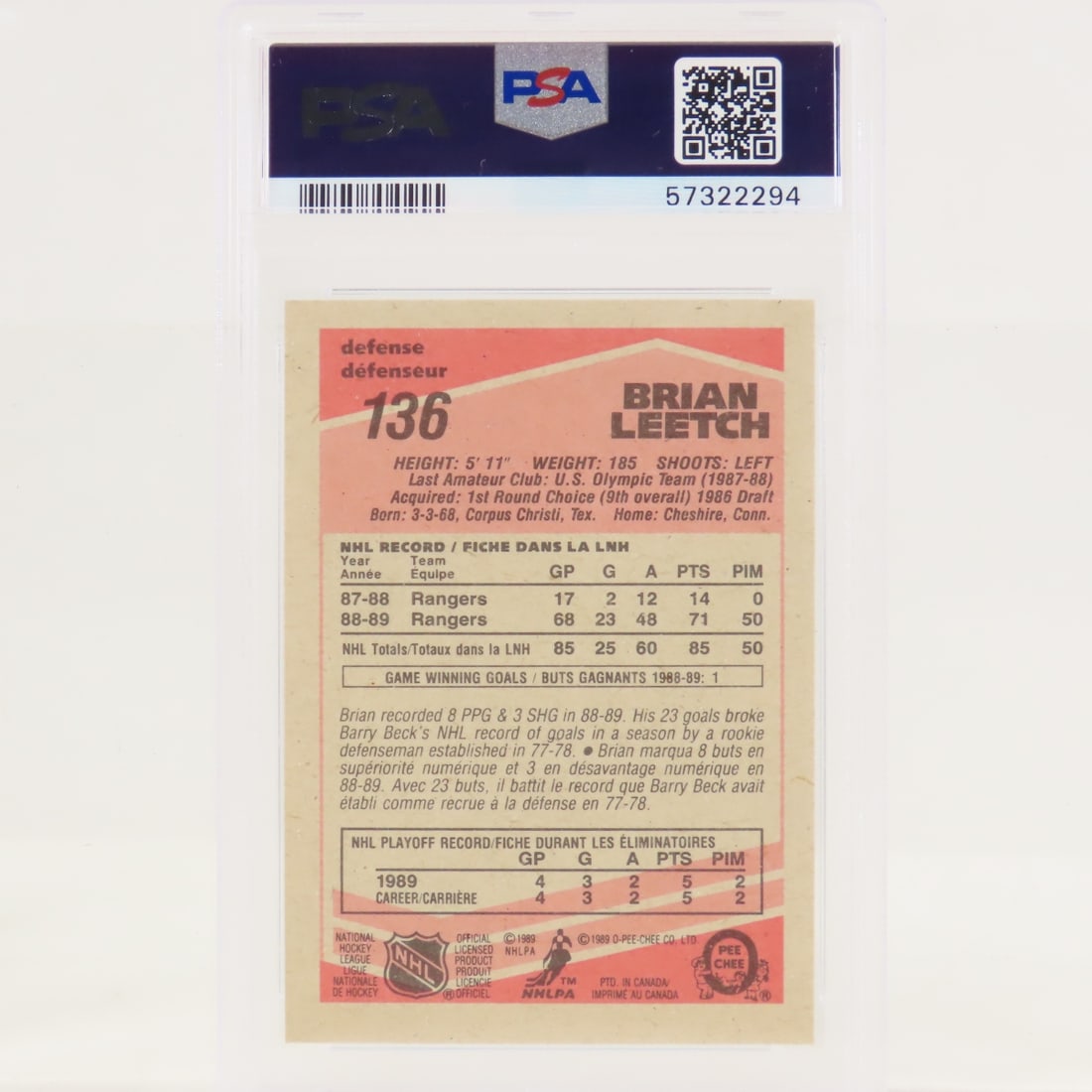 1989 O-PEE-CHEE Checklist & Brian Leetch PSA 8 - 3