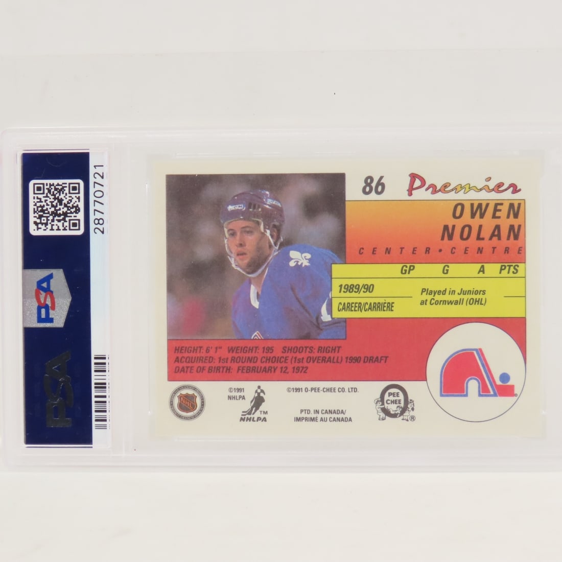 1990 O-PEE-CHEE Premium Owen Nolan #86 PSA 9 MINT - 2