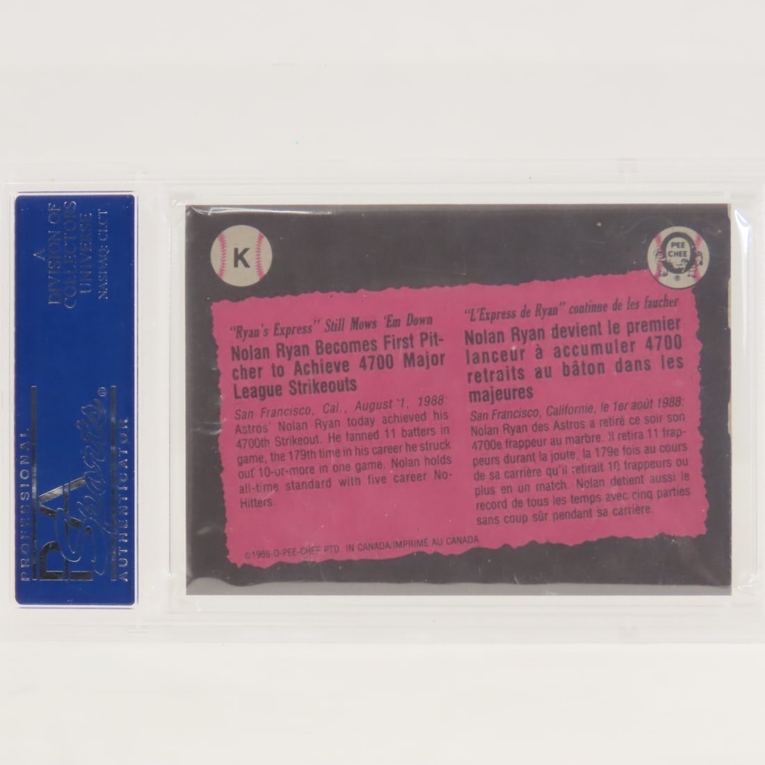 3 1989 O-PEE-CHEE Box Panels Nolan Ryan #K PSA - 3
