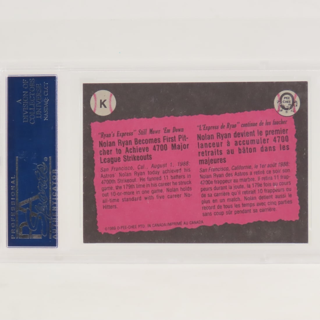 3 1989 O-PEE-CHEE Box Panels Nolan Ryan #K PSA - 5