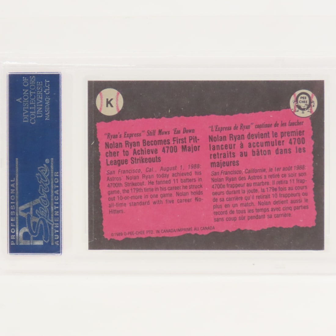 3 1989 O-PEE-CHEE Box Panels Nolan Ryan #K PSA - 7