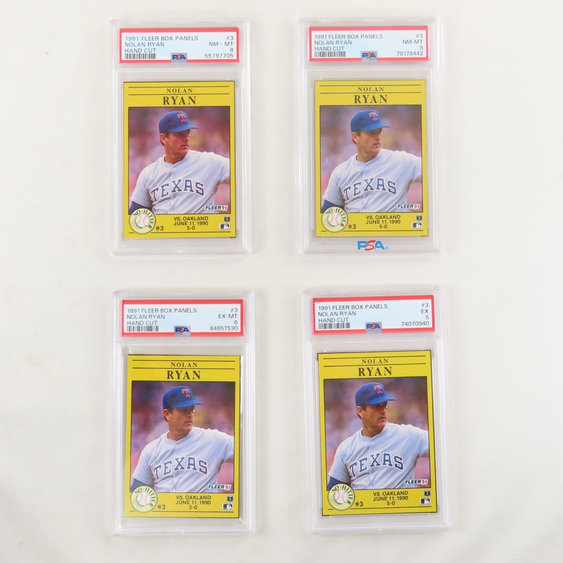 4 1991 Fleer Box Panels Nolan Ryan #3 PSA 8 - 5: 4 1991 Fleer Box Panels Nolan Ryan #3 PSA 8 - 5 - 2 PSA 8 NM-MT, 1 PSA 6 EX-MT, 1 1 PSA 5 EX. Lot Size 5.5x3.5x1" 1 LB All information and photos, which are part of the description, are intended to