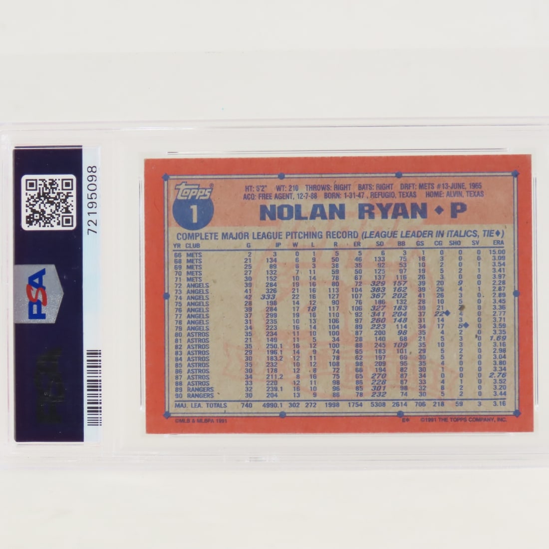 1991 Topps Desert Shield Nolan Ryan #1 PSA 6 EX-MT - 3