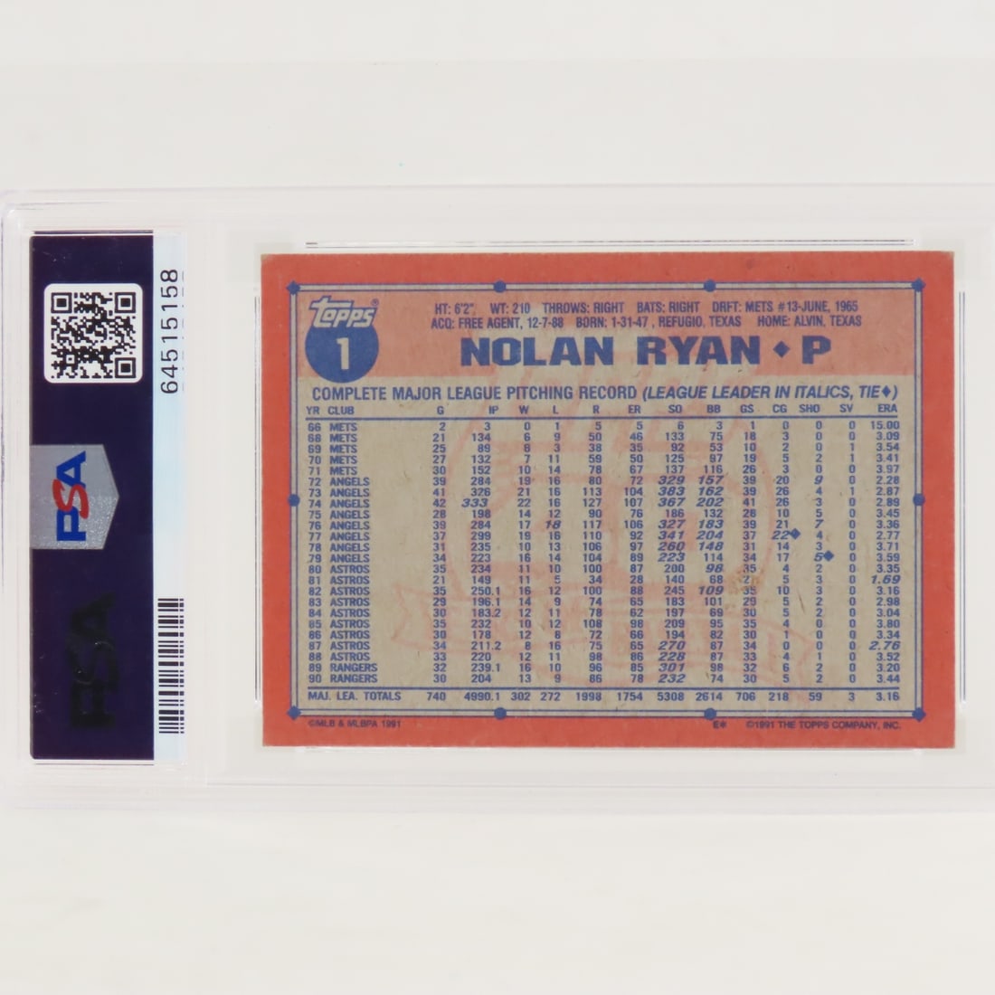 1991 Topps Desert Shield Nolan Ryan #1 PSA 5 EX - 3