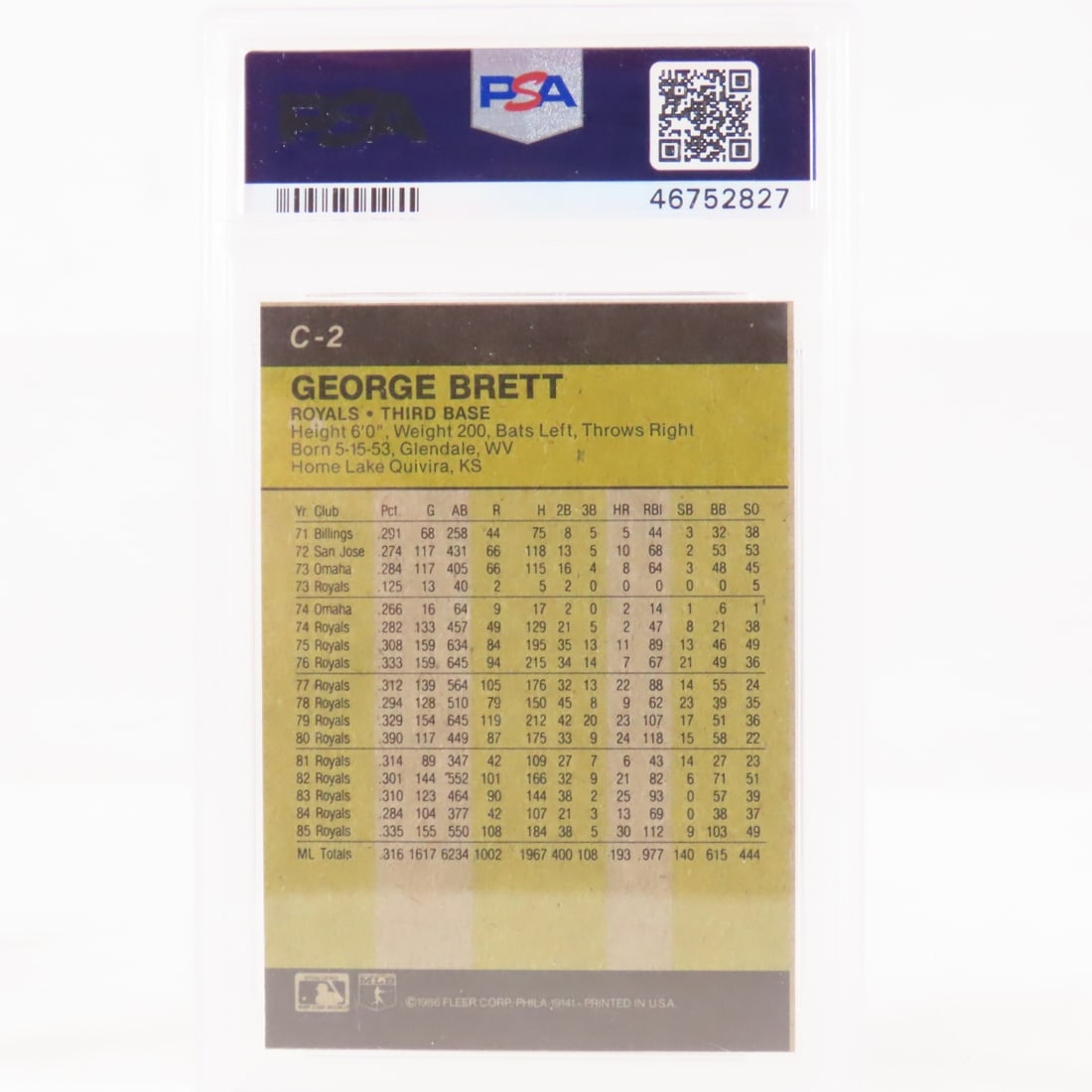 5 1986 Fleer Box Panels George Brett #C-2 PSA 5&6 - 7