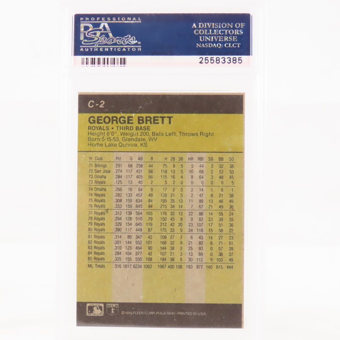5 1986 Fleer Box Panels George Brett #C-2 PSA 5&6 - 9