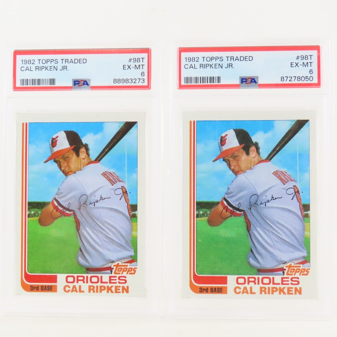 2 1982 Topps Traded Cal Ripken Jr #98T PSA 6 EX-MT: 2 1982 Topps Traded Cal Ripken Jr #98T PSA 6 EX-MT - Lot Size 5.5x3.5x1" 1 LB All information and photos, which are part of the description, are intended to be as accurate as possible, but errors are