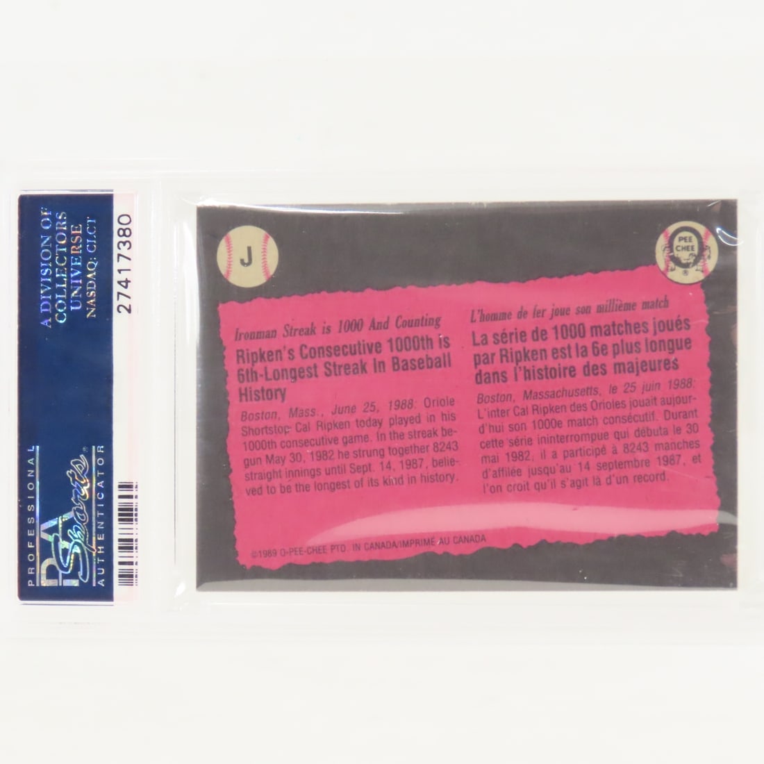 3 1989 O-PEE-CHEE Box Panels Cal Ripken Jr #J PSA - 5