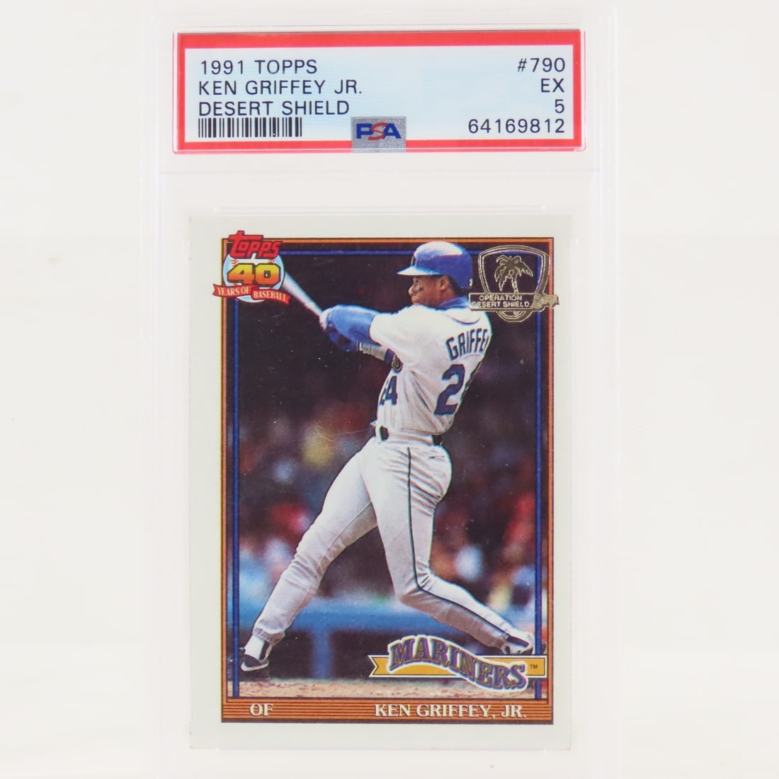 1991 Topps Desert Shield Ken Griffey Jr #790 PSA: 1991 Topps Desert Shield Ken Griffey Jr #790 PSA - PSA 5 EX Lot Size 5.5x3.5x1" 1 LB All information and photos, which are part of the description, are intended to be as accurate as possible, but erro