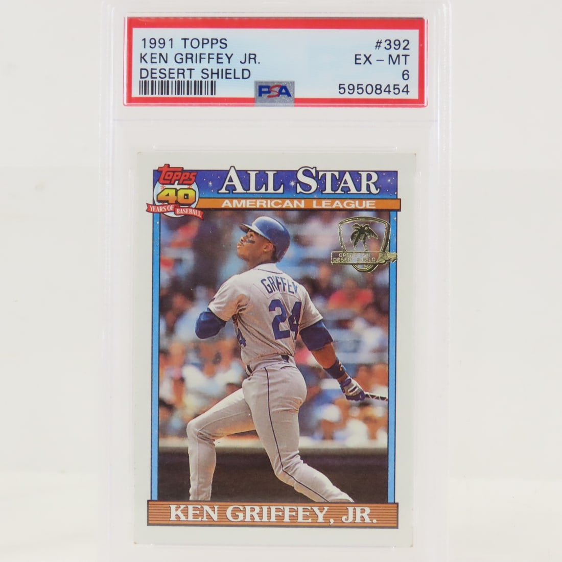 1991 Topps Desert Shield Ken Griffey Jr #392 PSA: 1991 Topps Desert Shield Ken Griffey Jr #392 PSA - PSA 6 EX-MT Lot Size 5.5x3.5x1" 1 LB All information and photos, which are part of the description, are intended to be as accurate as possible, but