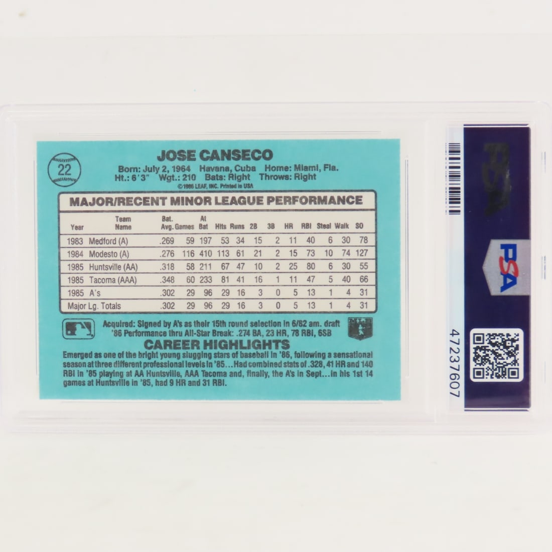 2 1986 Jose Canseco Rookie PSA Graded Cards - 3