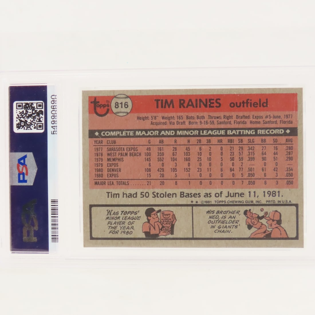 1981 Topps Traded Tim Raines #815 PSA 8 NM-MT - 2