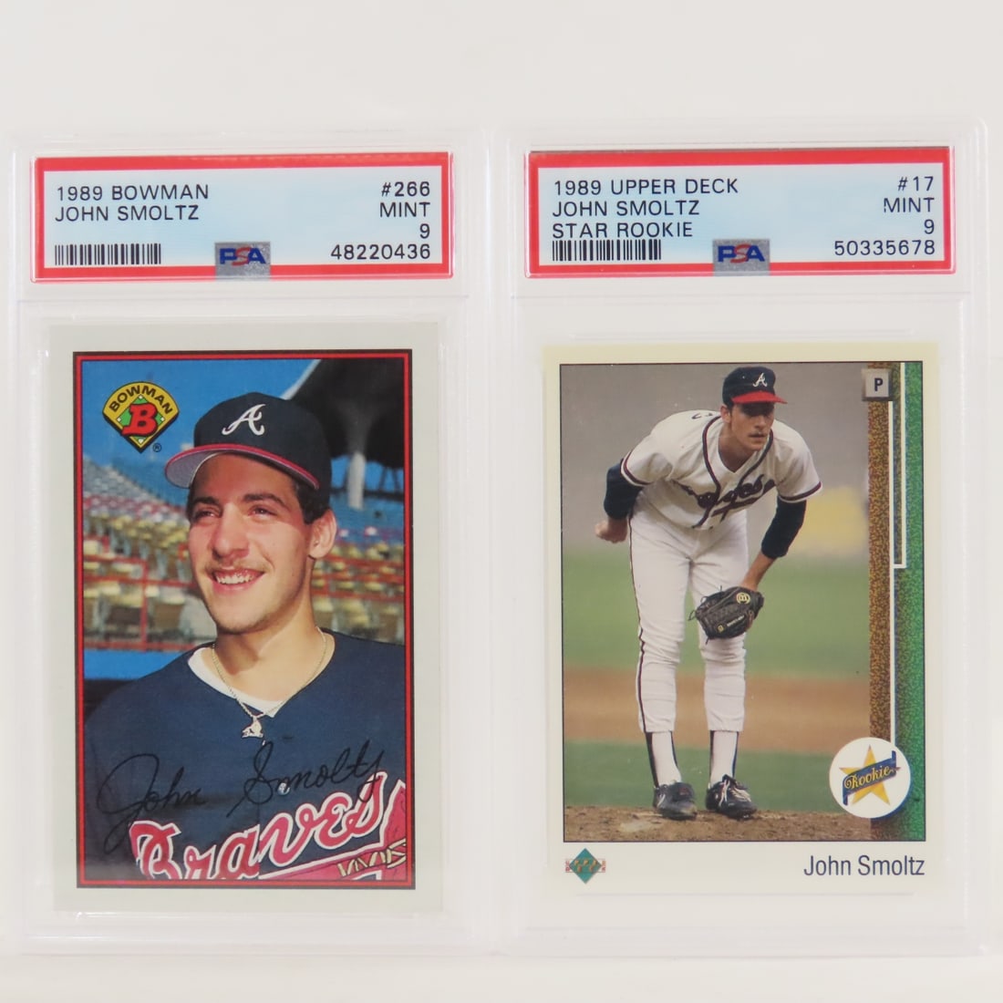 1989 Bowman & 1989 UD John Smoltz RC PSA 9: 1989 Bowman & 1989 UD John Smoltz RC PSA 9 - 1989 Bowman #256 PSA 9 MINT & 1989 Upper Deck #17 PSA 9 MINT. Lot Size 5.5x3.5x1" 1 LB All information and photos, which are part of the description, are