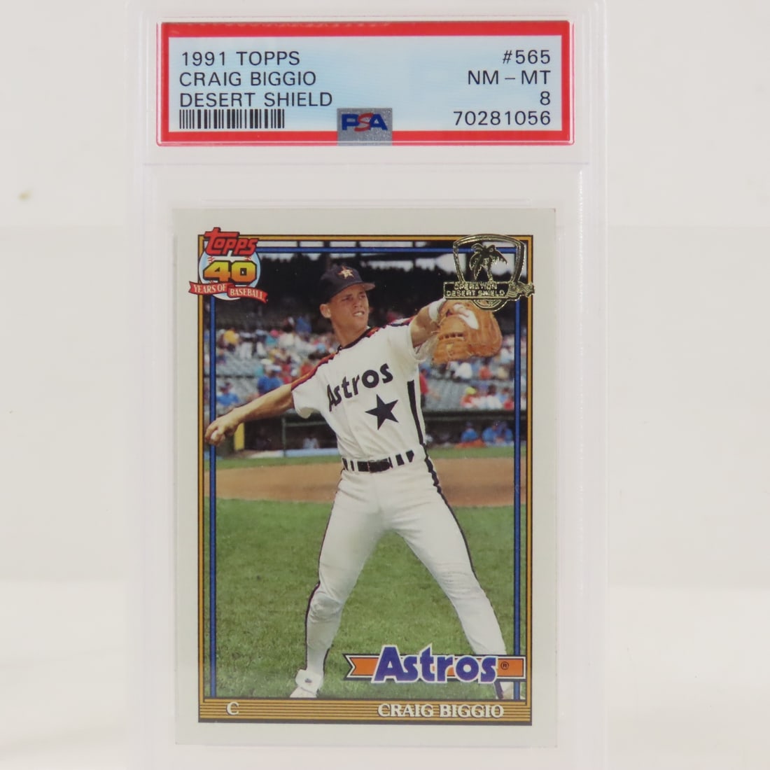 1991 Topps Desert Shield Craig Biggio #565 PSA 8: 1991 Topps Desert Shield Craig Biggio #565 PSA 8 - Lot Size 5.5x3.5x1" 1 LB All information and photos, which are part of the description, are intended to be as accurate as possible, but errors are