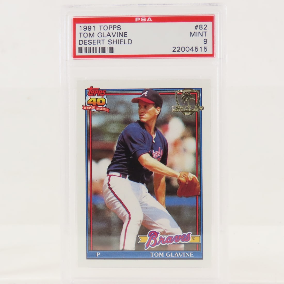 1991 Topps Desert Shield Tom Glavine #82 PSA 9 MT: 1991 Topps Desert Shield Tom Glavine #82 PSA 9 MT - Lot Size 5.5x3.5x1" 1 LB All information and photos, which are part of the description, are intended to be as accurate as possible, but errors are