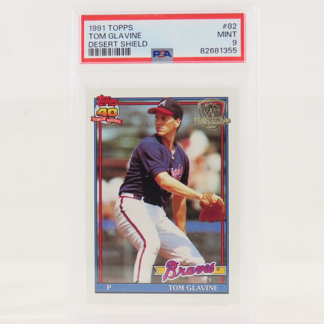 1991 Topps Desert Shield Tom Glavine #82 PSA 9 MT: 1991 Topps Desert Shield Tom Glavine #82 PSA 9 MT - Lot Size 5.5x3.5x1" 1 LB All information and photos, which are part of the description, are intended to be as accurate as possible, but errors are
