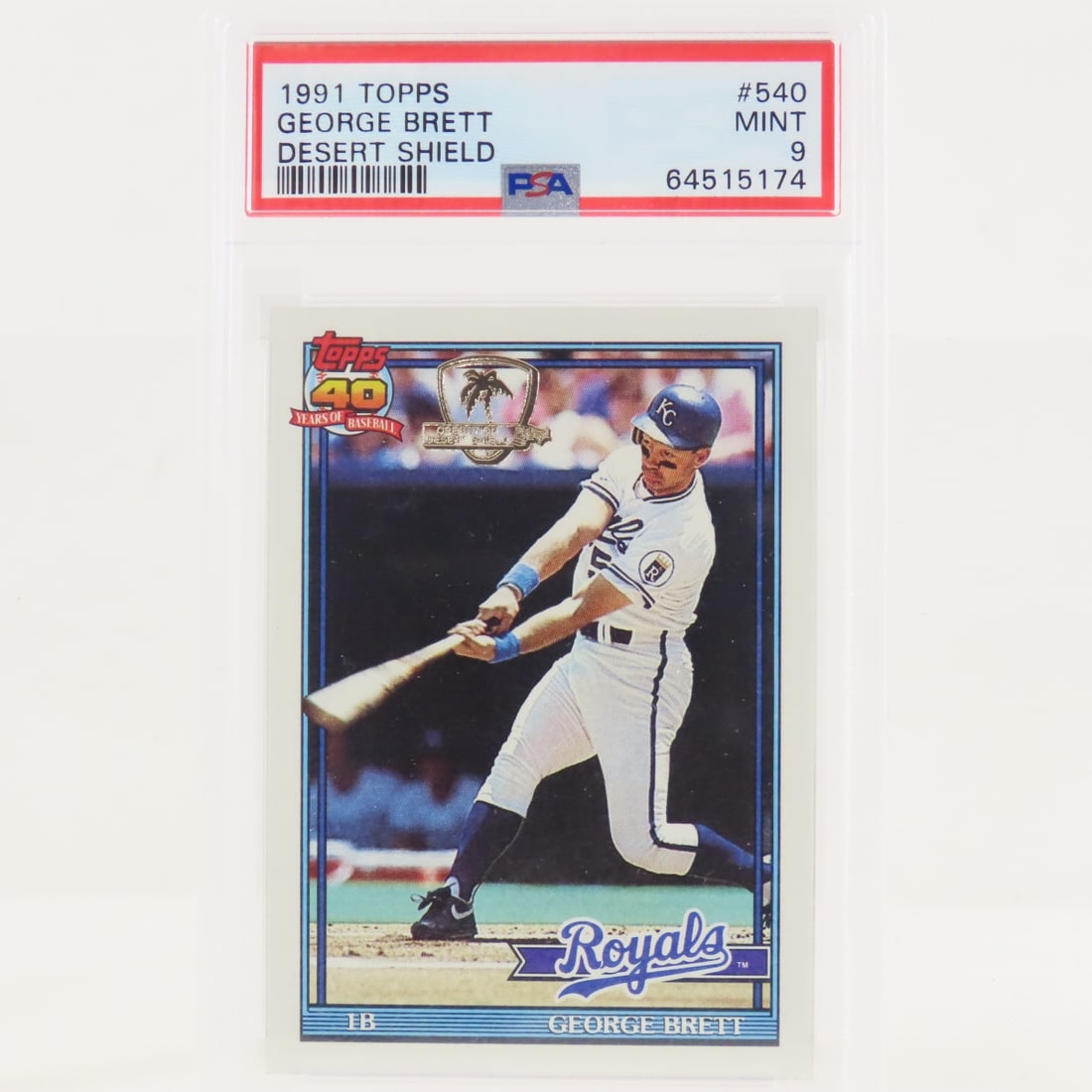 1991 Topps Desert Shield George Brett #540 PSA 9: 1991 Topps Desert Shield George Brett #540 PSA 9 - Lot Size 5.5x3.5x1" 1 LB All information and photos, which are part of the description, are intended to be as accurate as possible, but errors are