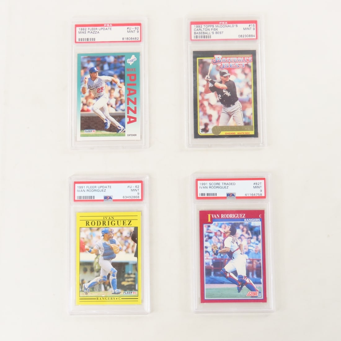 4 PSA 9 Graded Baseball Cards 1991 & 1992: 4 PSA 9 Graded Baseball Cards 1991 & 1992 - 1991 Score Traded Ivan Rodriguez #82T Rookie, 1991 Fleer Update Ivan Rodriguez #U-62 Rookie, Topps McDonalds Carlton Fisk #15, 1992 Fleer Update Mike Piazza