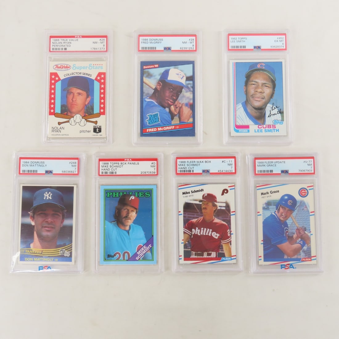 7 PSA Graded Baseball Cards 1982 - 1988: 7 PSA Graded Baseball Cards 1982 - 1988 - 1986 True Value Nolan Ryan #28 PSA 8 NM-MT, 1986 Donruss Fred McGriff #28, 1982 Topps Lee Smith #452 PSA 6 EX-MT, 1986 Donruss Don Mattingly #248 PSA 7 NM, 19