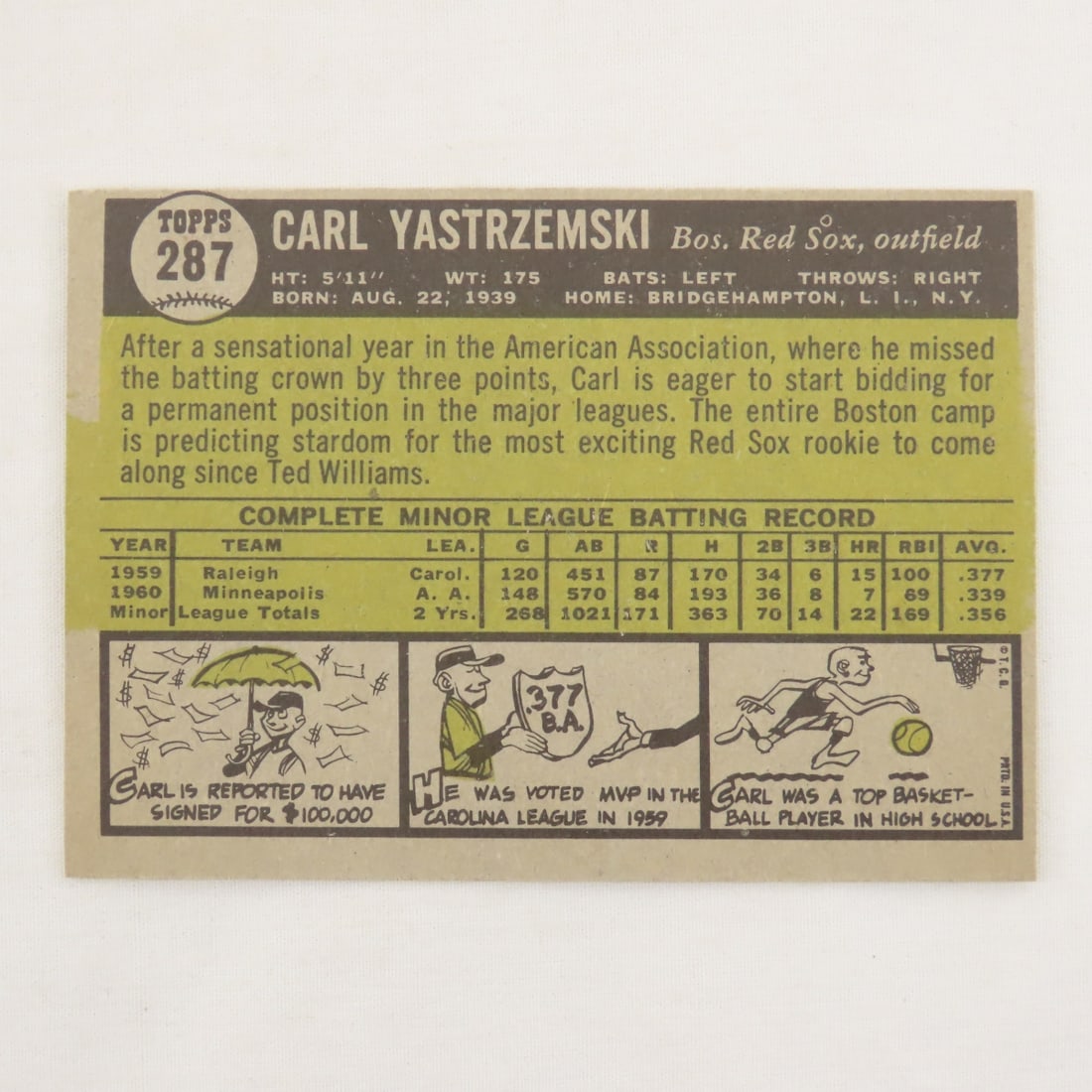 1961 Topps Carl Yastrzemski #287 Rookie Card - 2