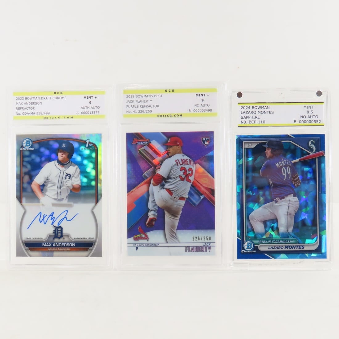 3 Odiz Graded Cards- Anderson, Flaherty & Montes: 3 Odiz Graded Cards- Anderson, Flaherty & Montes - 2023 Bowman Draft Chrome Max Anderson autographed Refractor No CDA-MA 358/499 Odiz Mint+9, 2018 Bowman Best Jack Flaherty Purple Refractor No 41