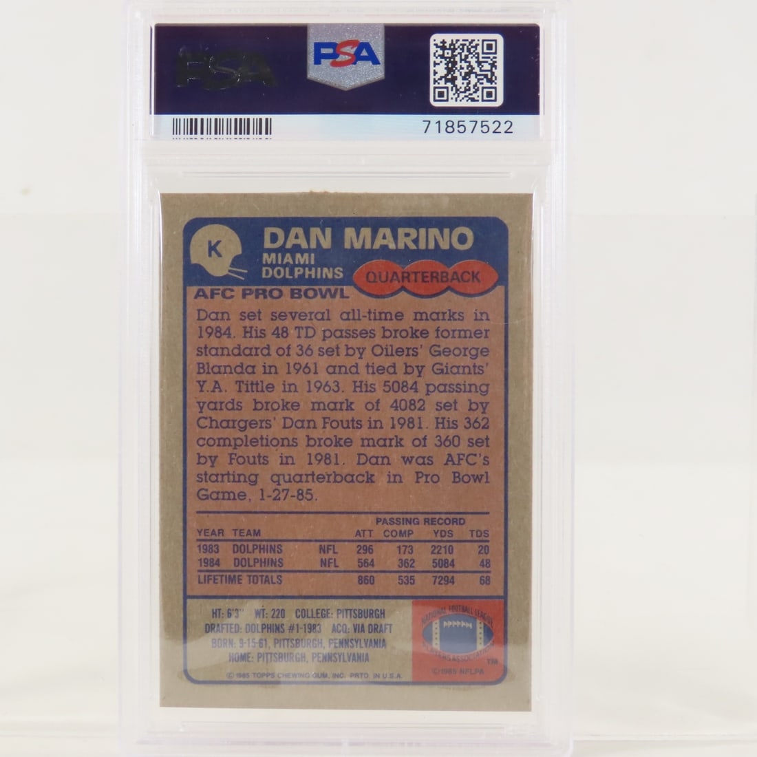 2 1985 Topps Box Bottoms Dan Marino #K PSA 6 EX-MT - 7