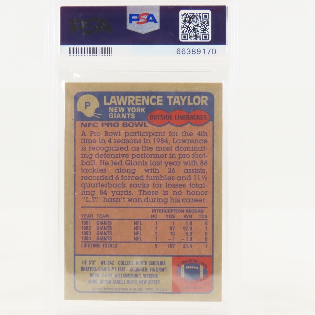3 1985 Topps Box Bottoms Lawrence Taylor #P PSA 3 - 4