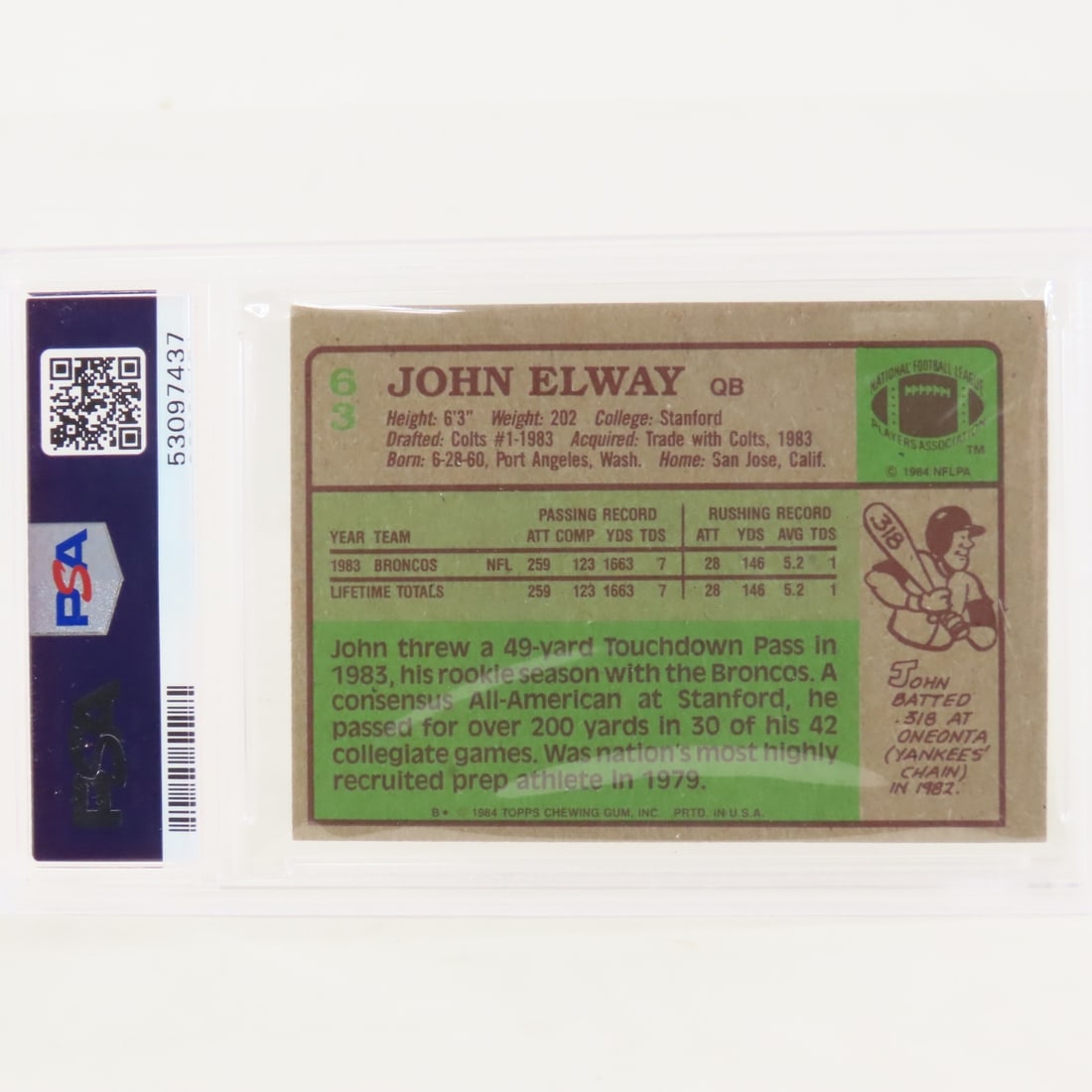 1984 Topps John Elway Rookie #83 PSA 7 NM - 2