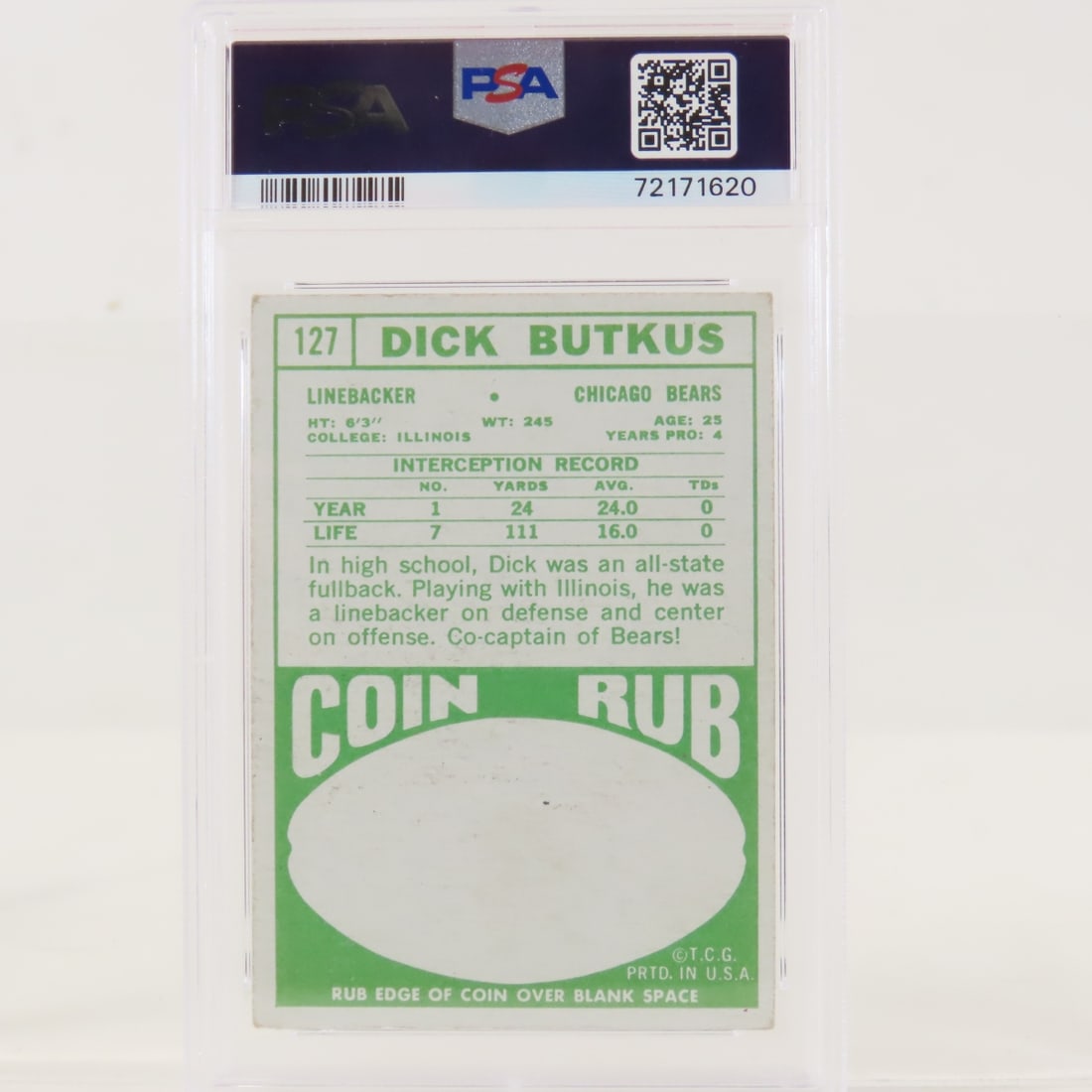 7 Dick Butkus Football Cards 1966-1974, 1968 PSA 3 - 3