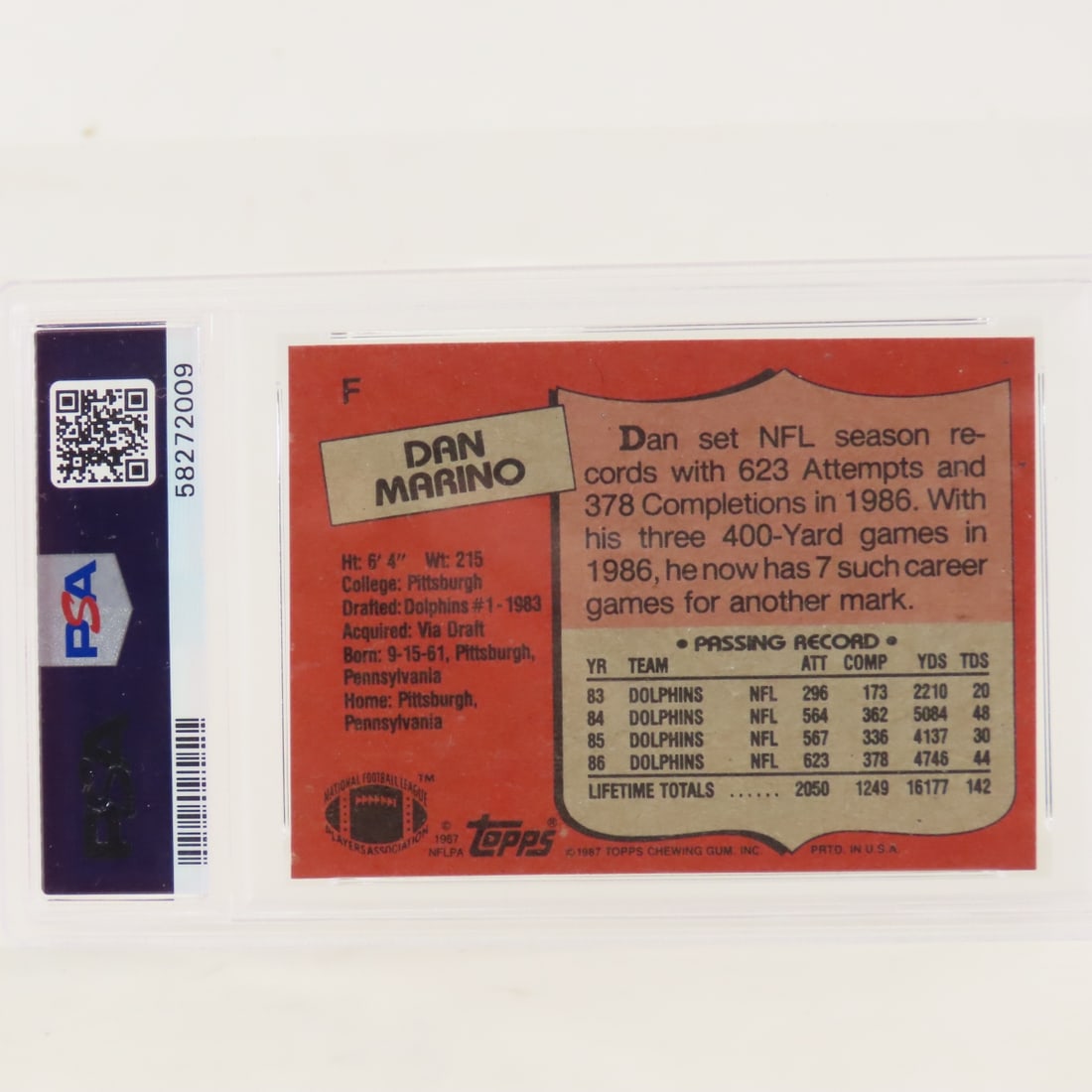 7 Dan Marino Football Cards 1985 & 87 Graded 4 - 5