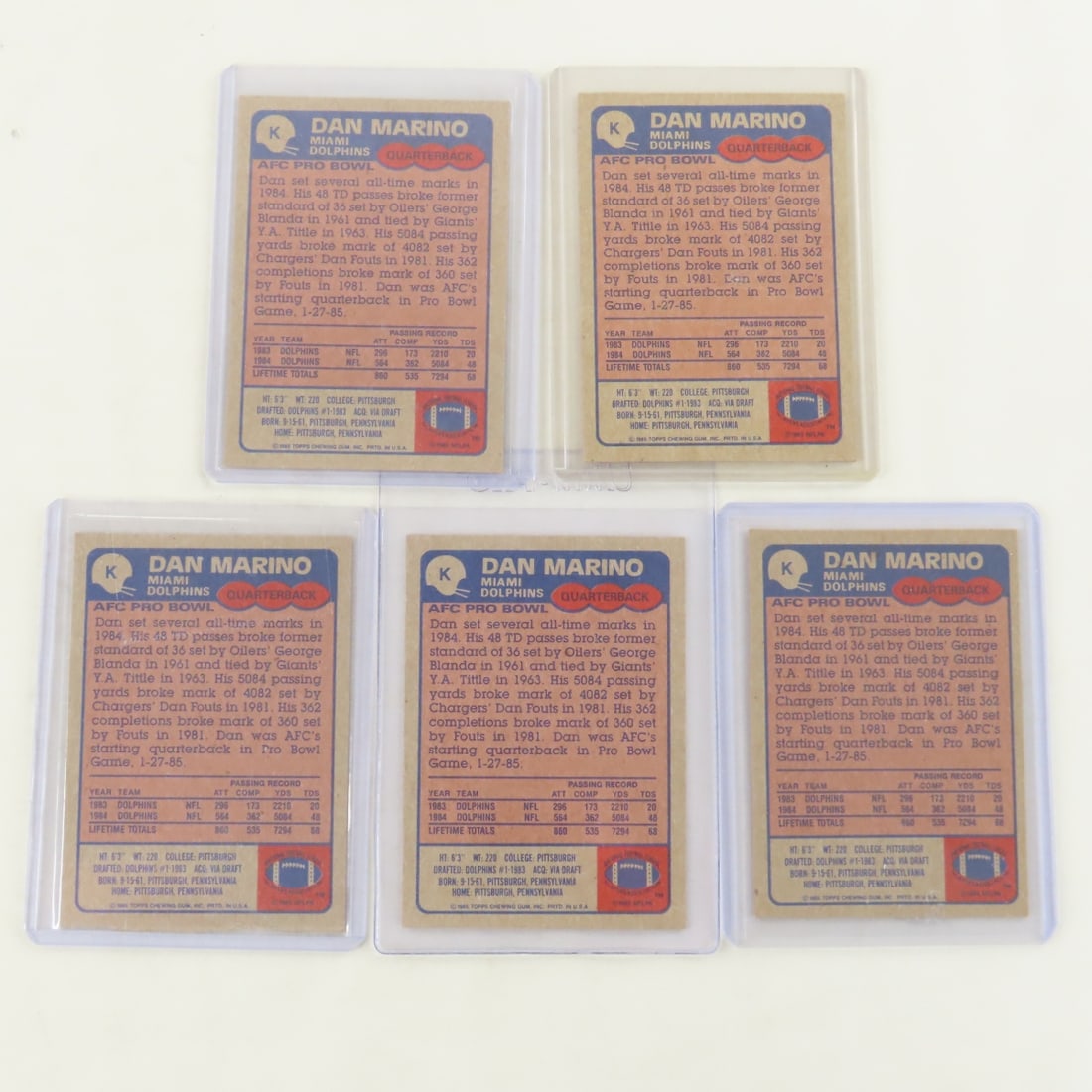 7 Dan Marino Football Cards 1985 & 87 Graded 4 - 7