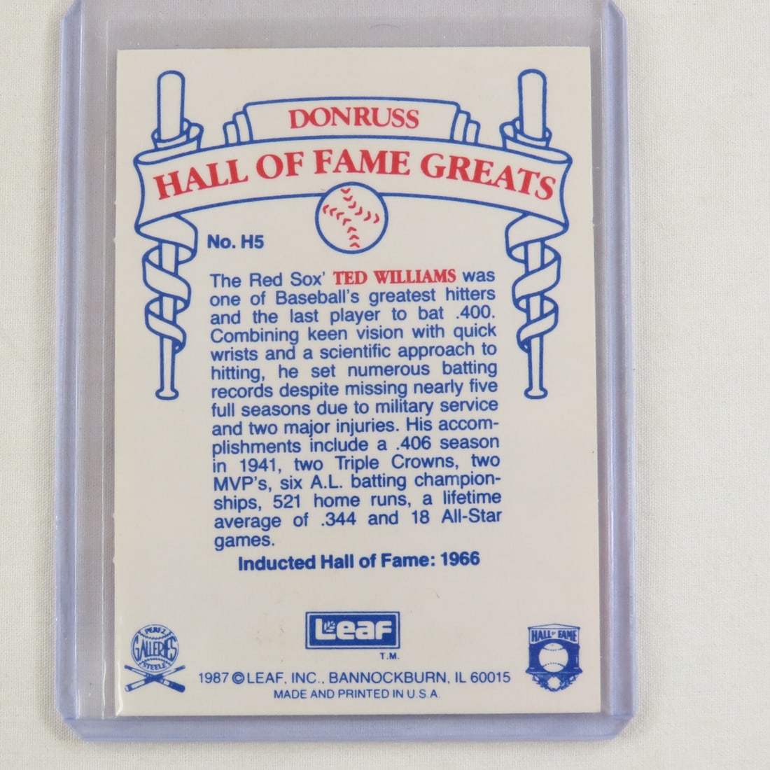 Ted Williams Autographed 1987 Leaf HOF Card - 2