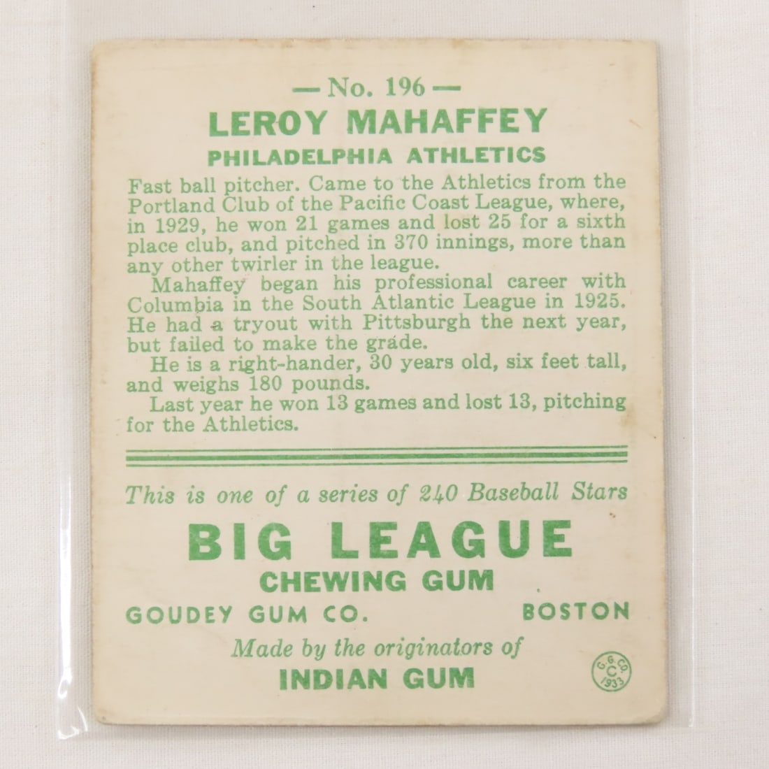 1933 Goudey Leroy Mahaffey#196 Card- Sharp - 2