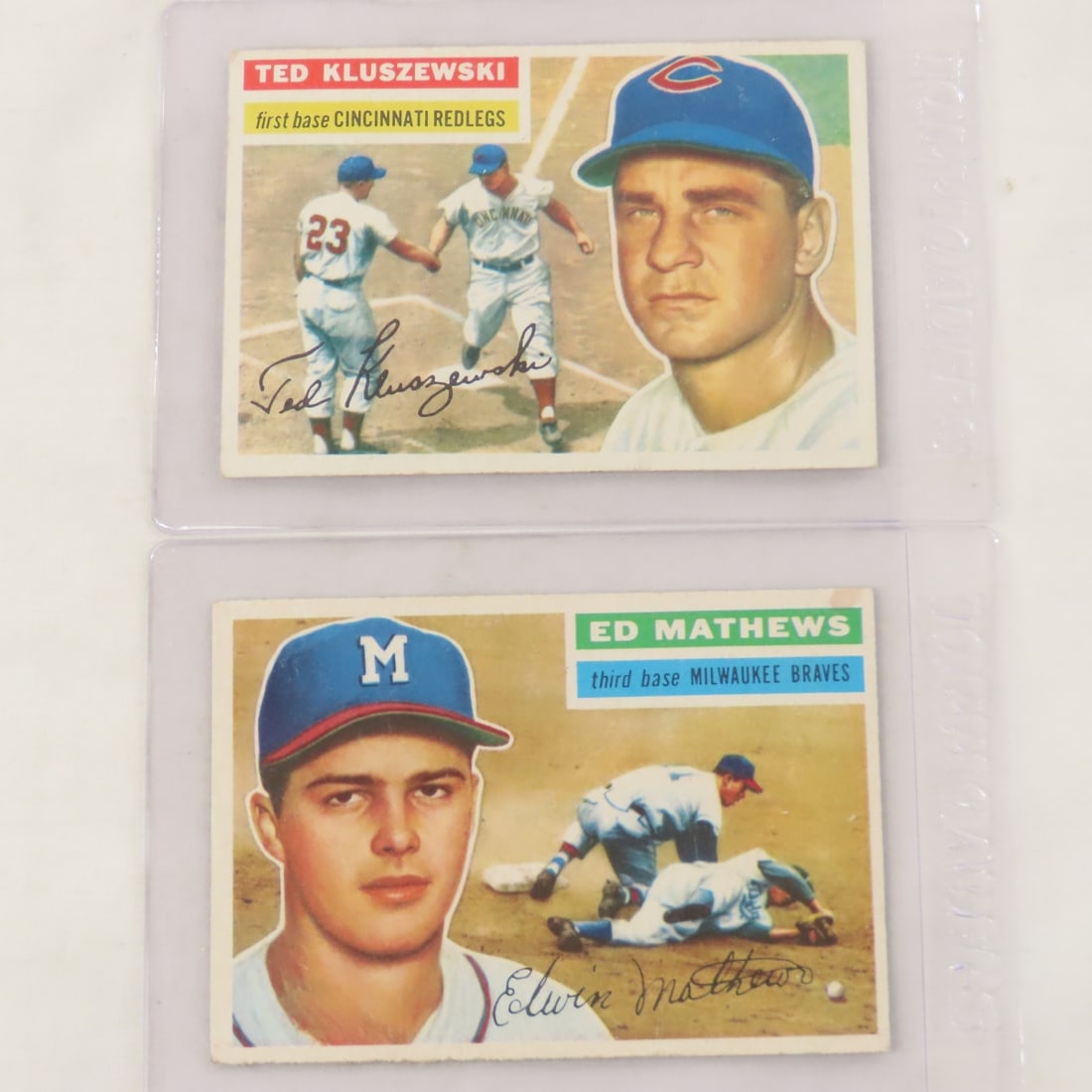 1956 Topps Ed Mathews & Ted Kluszewski Cards: 1956 Topps Ed Mathews & Ted Kluszewski Cards - both sharp. LOT SIZE: 6x4x1" .5 LBS All information and photos, which are part of the description, are intended to be as accurate as possible, but