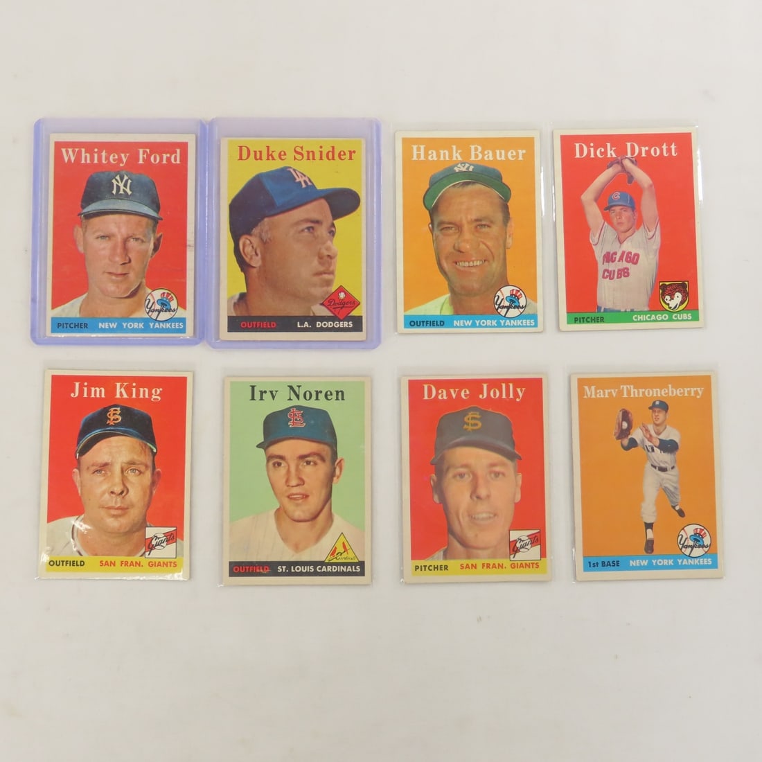 8 1958 Topps Baseball Cards- Ford, Snider: 8 1958 Topps Baseball Cards- Ford, Snider - Bauer, Drott, King, Noren, Jolly & Throneberry. LOT SIZE; 6x4x1" .5 LB All information and photos, which are part of the description, are intended to be as