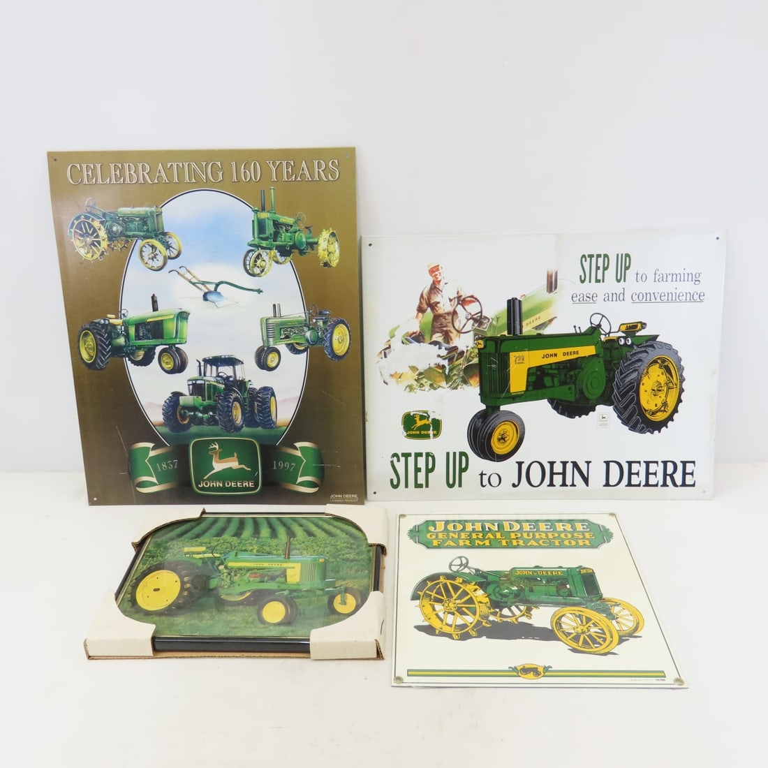 John Deere Modern Metal Signs & Framed 520 Photo: John Deere Modern Metal Signs & Framed 520 Photo - 1995 John Deere General Purpose Tractor 10x10", "Step up To John Deere"(damaged) 16x12", Celebrating 160 Years 16x13", Framed 520 Picture 10x8". LOT 