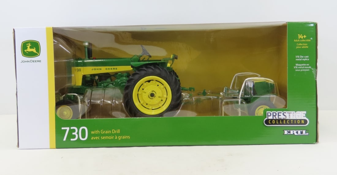 ERTL 1:16 John Deere 730 Tractor with Grain Drill: ERTL 1:16 John Deere 730 Tractor with Grain Drill - Diecast Metal. Prestige Collection. in box, LOT SIZE: 18x9x7" 5 LBS All information and photos, which are part of the description, are intended to b