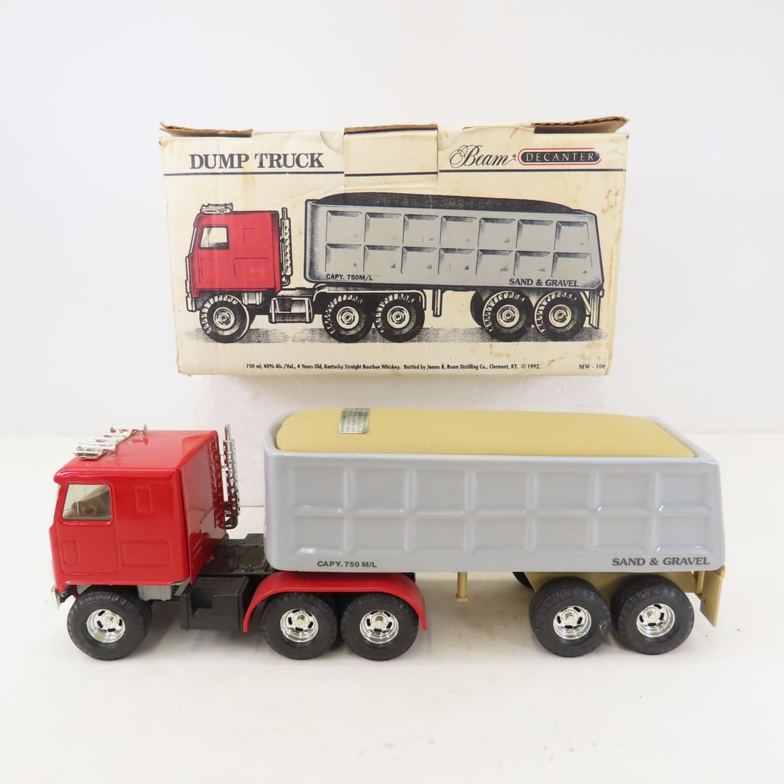 Jim Beam Sand & Gravel Dump Truck Decanter: Jim Beam Sand & Gravel Dump Truck Decanter - 1992 in original box, full - broken seal, will empty for shipping. LOT SIZE: 14x12x8" 4 LBS All information and photos, which are part of the description,