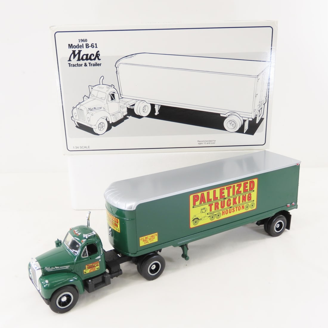 1st Gear 1:34 Palletized Mack B-61 Tractor Trailer: 1st Gear 1:34 Palletized Mack B-61 Tractor Trailer - Diecast Metal Palletized Trucking Inc. 19-1719 Tractor & Trailer. Has original shipping box. LOT SIZE: 13x8x4" 2 LBS All information and photos,