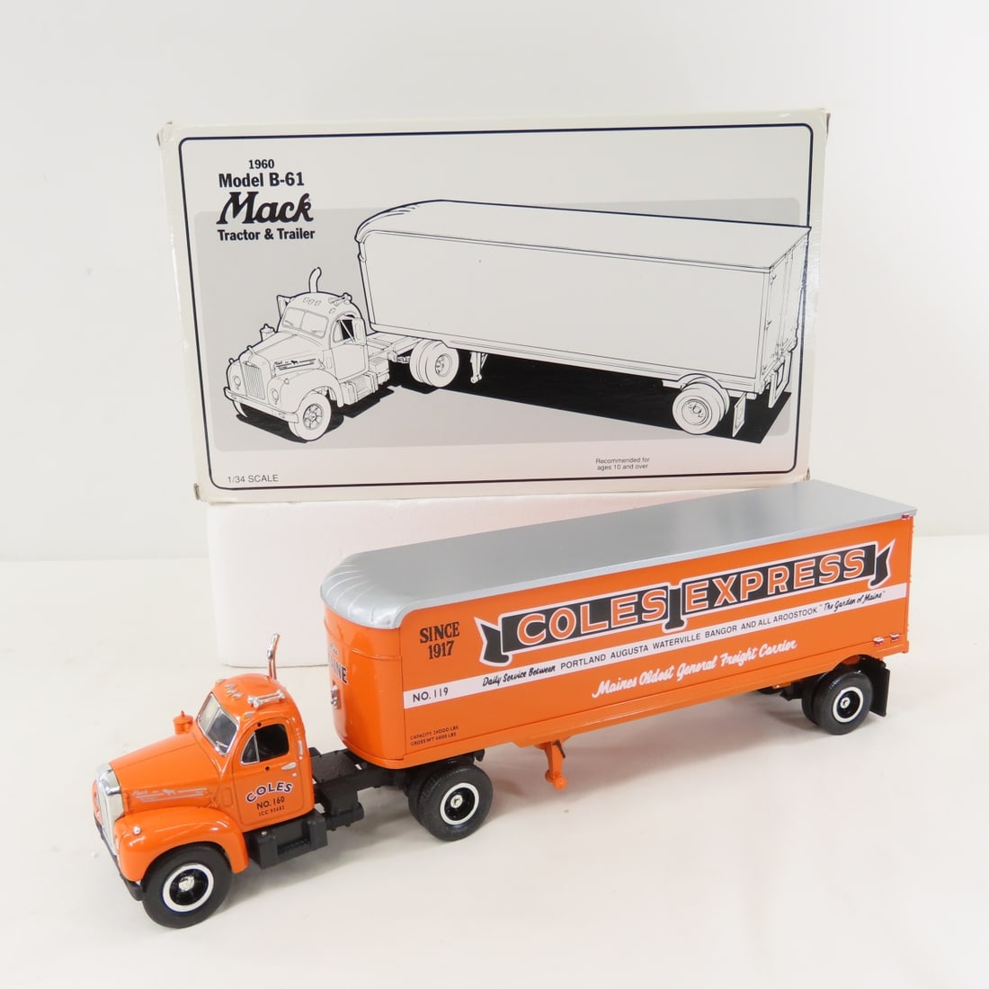 1st Gear 1:34 Coles Exp Mack B-61 Tractor Trailer: 1st Gear 1:34 Coles Exp Mack B-61 Tractor Trailer - Diecast Metal 19-1826 Coles Express. Has original shipping box. LOT SIZE: 13x8x4" 2 LBS All information and photos, which are part of the